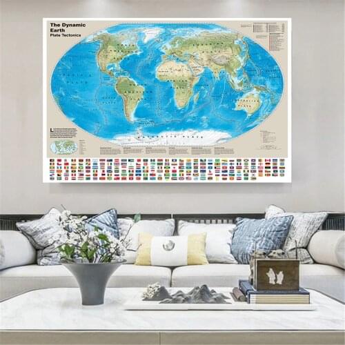 150*100 Cm The Earth Plate Tectonics Map with National Flags Wall Poster Non-woven Canvas Painting School Supplies Home Decor
