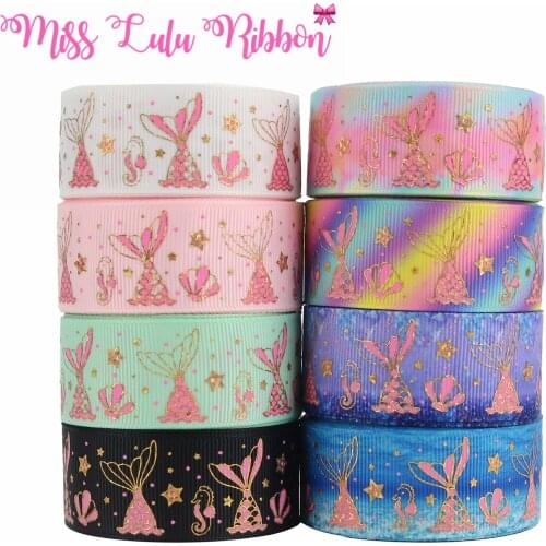 50 Yards 25mm Grosgrain+ Gold foil Mermaid Tail Printed Ribbon Sewing Supplies Gift Wrapping Ribbon Handmade Bow Material