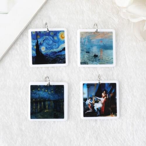 8Pcs World Famous Paintings Charms Acrylic Van Gogh Pictures Starry Night Monet Sunrise Impression Jewelry Pendant Diy Findings