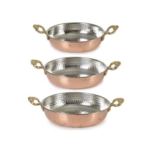 Bakır Tava 3 Adet Bakır Tava Sahan Seti - Kulplu Bakır Tava - Yumurta Tavası - Sosis Tavası - Otantik Tava Seti