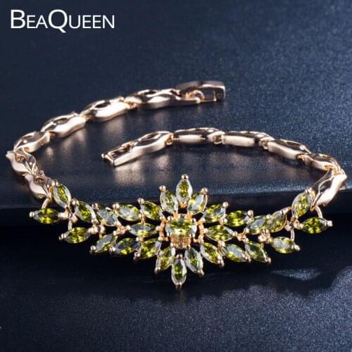 BeaQueen Dubai Gold Color AAA Cubic Zircon Olive Green Stones Cluster Luxury Bracelets Bangles Jewelry Gift for Women B004