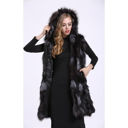 Free shipping 100% Genuine women long fox fur vest With hood winter real fox fur gilet 80CM length custom any size