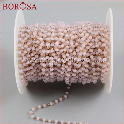 BOROSA 3mm Pink Glass Beads Chains,Rosary Beaded Chain for DIY Necklace Jewelry Making Findings Accessories JT177
