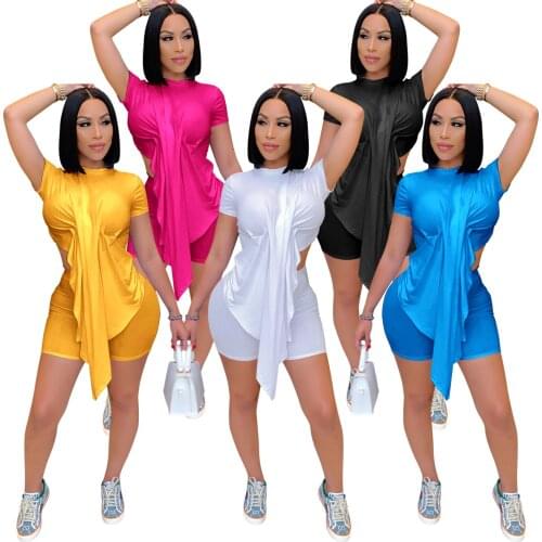 Cutubly Short Sleeve Pleated Two Piece Set Solid Skinny Irregular Short Set For Women Sexy Party Pencil Short Pant Set