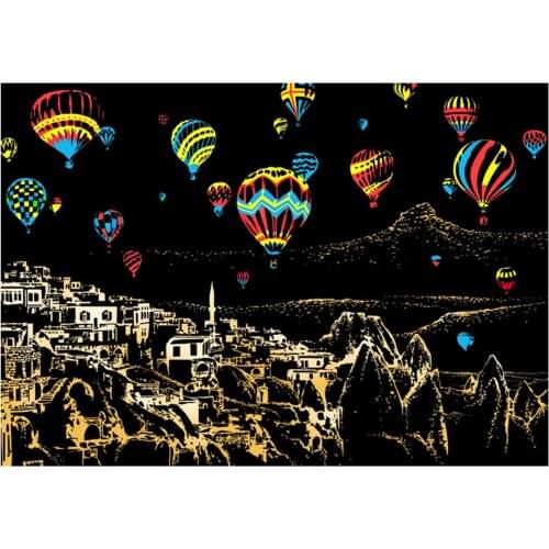 Kids Toys 40.5*28.5cm Hot Air Balloon Scene DIY Scratch Painting Scraping Art Painting Drawing Paper+Draw Stick Brush Frame