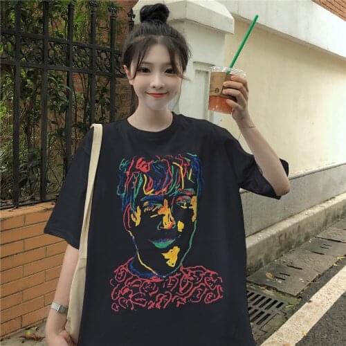 Summer retro character painted printing loose short-sleeved T-shirt womens bottoming shirt all-match casual college style women