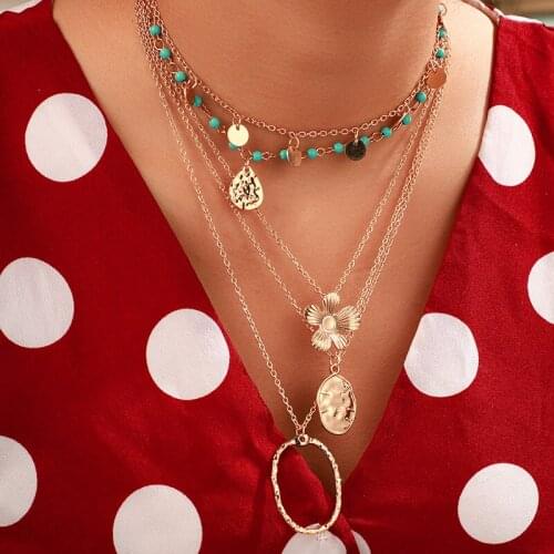 Fashion Gold Multilayer Necklaces Flowers Round Pendant Necklace for Women 2020 New Bohemian Luxury Jewelry Birthday Gift