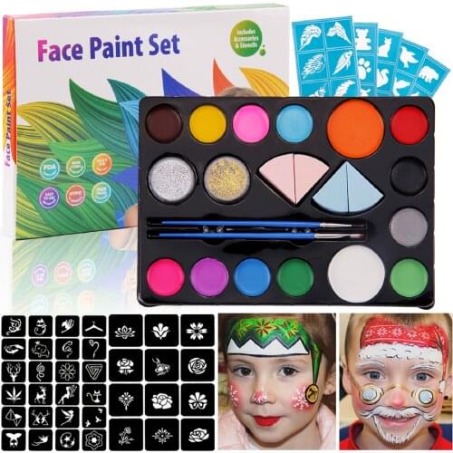 Face Painting Kit Body Face Paint with 14 Colors 2 Glitters 2 Brushes 4 Sponges 9 Stencils for Halloween Cosplay Party Makeup