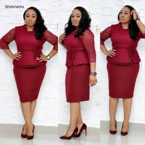 New Plus Size Women O-Neck Three Quarter Solid Color Lace Patchwork Top With Bodycon Skirt Suits Office Lady Two-Piece Set D005