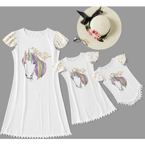Family Matching Outfits 2021Summer Hot Sale Unicorn Print Flying Sleeve Dress Long Skirt Children Womens Girl Kids Home Clothes
