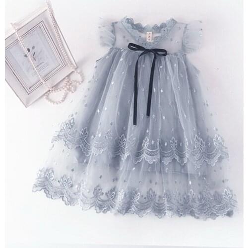 Wholesale Embroidery Girl Dress Lace Collar Flare Sleeve Summer Princess Dresses Baby Clothes 2-7Y E16641