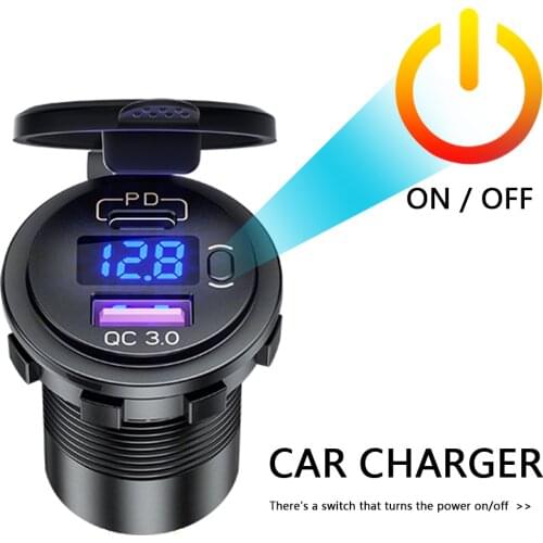 P21-B Car Motorcycle Dual USB Charger Quick Charge QC 3.0 + PD USB Fast Charger Socket Power Outlet Adapter with Switch
