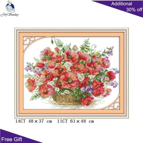 Joy Sunday Poppy Basket H331 14CT 11CT Counted and Stamped Beautiful Flowers Home Decor Needlework Needlepoint Cross Stitch kits