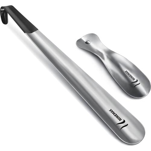 ZOMAKE Long Handle Shoe Horn Stainess Steel Shoe Spoon Set of 2. Travel SizeShoe With Leather Cover Shoe Horn Helper for Seniors