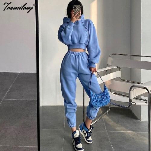 Streetwear Hooded Crop Top Pocket Tracksuit Women Autumn Sweatshirt High Waist Loose Sweatpants 2 Piece Sets Long Sleeve Clothes