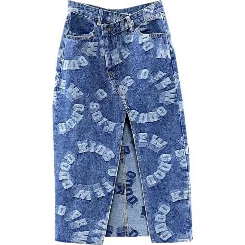Fashion Mid-Length Asymmetrical Personality Letter Pattern High Waist Front Slit Denim Skirt Irregular Waist Jeans Skirts Female