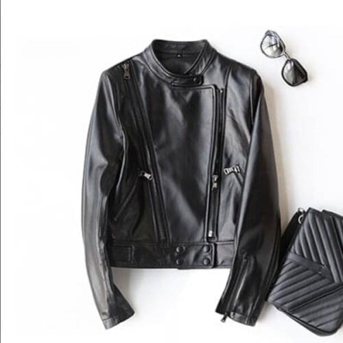 Boollili New Women Autumn Sheepskin Genuine Leather Jackets Women Fashion Black Short Motorcycle Coat Biker Outwear