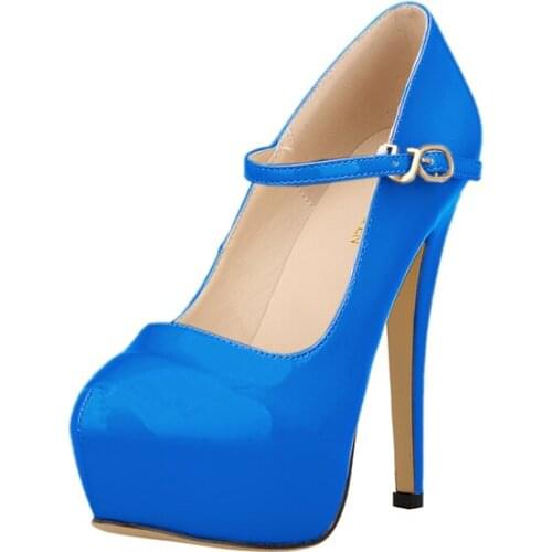 Women Pumps Patent Leather Ankle strap Platform Nightclub Style Bridal Sexy 14cm Super Round Toe High Heels Red Weddding Shoes