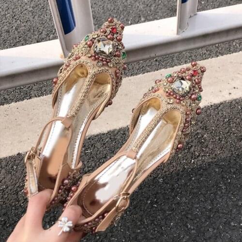 Luxury Flat Shoes Crystal Decor T-bar Rhinestone Woman Shoes Diamond pearl embellished Shiny Footwear