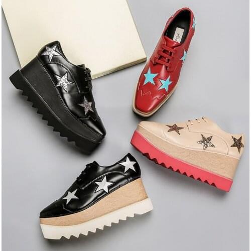 Charm2021 Womens Spring and Autumn Lacquer Leather Womens Thick Sole Star Muffin Shoes