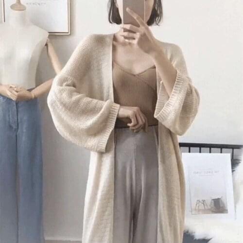 Summer Rabbit Fur Womens Beach Top V-Neck Long Sleeve Cardigan Solid Loose Thin White Apricot Fashion Casual Beach Top