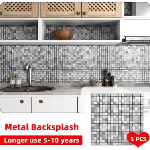 5pcs Mosaic Wall Backsplash Self Adhesive Metal Panel Sticker Peel and Stick Tiles Waterproof Heatproof Kitchen Bathroom Decor