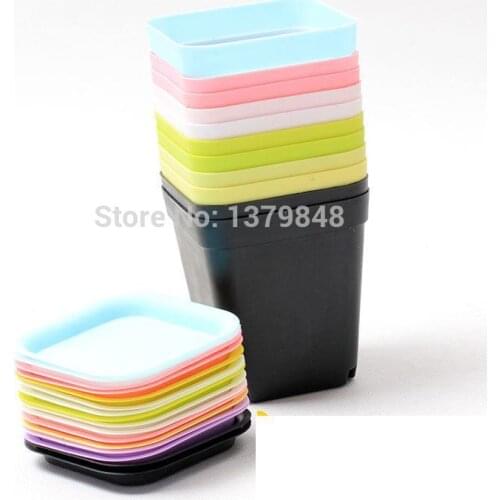 50 pcs/lot Gardening Mini Plastic Flower Pots Vase Square Flower Bonsai Planter Nursery Pots (50 flowerpots + 50Trays) 7cm*8cm