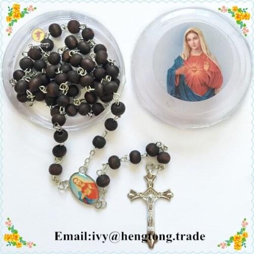 Free shipping perfumer rose scent brown wood beads catholic rosary necklace, religious rosary with center&plastic saint case