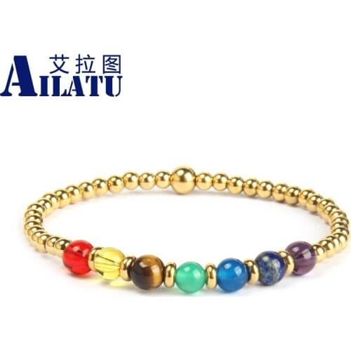 Ailatu Stainless Steel Chakras Rainbow Color Natural Stone Beads Bracelet Couples Love Jewelry Friends Support Custom Service