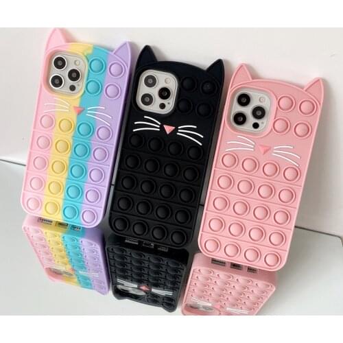 Phone Case For iPhone 12 11 Pro X XR XS Max 12 Mini 6 7 8 Plus SE 2 Relive Stress Pop Fidget Toys Push Cat Soft Silicon Cover