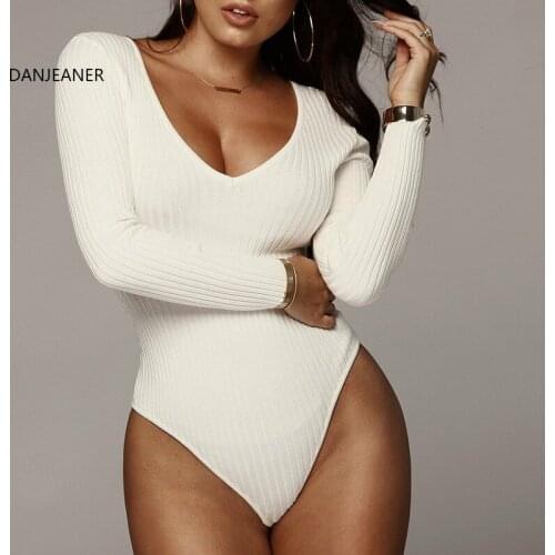 DANJEANER Ribbed Knitted Sexy Bodysuits Women Autumn Winter Long Sleeve Slim Rompers Womens Jumpsuit Basic Playsuit Fashion Tops