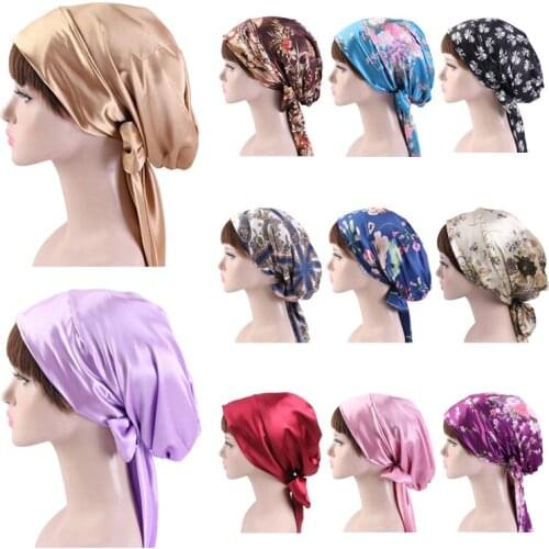 Women Silk Satin Night Sleeping Cap Head Wrap Bowknot Turban Pre Tied Fitted Bandana Chemo Cap Nightcap Hair Loss Long Tail Caps
