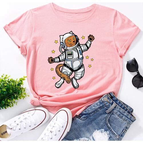 Womens Graphic Tees Cotton Short Sleeve Crew Neck Loose T Shirt Plus Size Tops Female Summer Casual Clothes Cat Astronaut Shirt