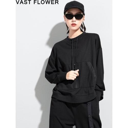 Black Pocket Drawstring Plus Size T-Shirt Women New O-Neck Long Sleeve Loose Vintage T Shirt Fashion Clothes Spring Autumn 2021