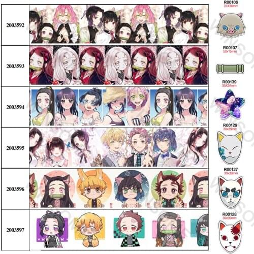 Kimetsu No Yaiba Japanese cartoon printed grosgrain ribbon 10yards,planar resins 30 pcs