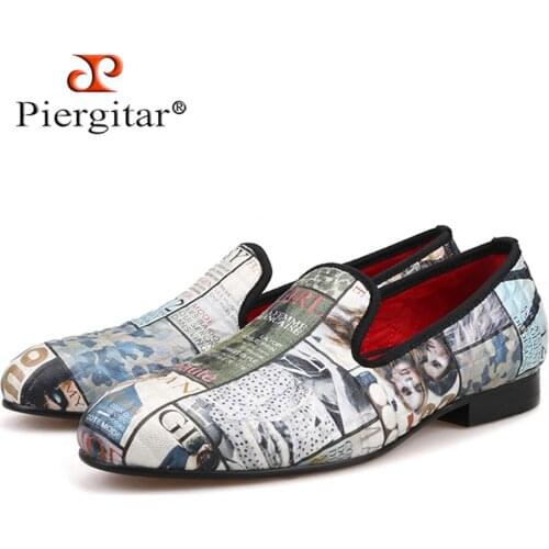 Piergitar 2019 Magazine-style Graffiti Cotton Fabric Men loafers with red comfortable cotton insole men causal shoes mens flats