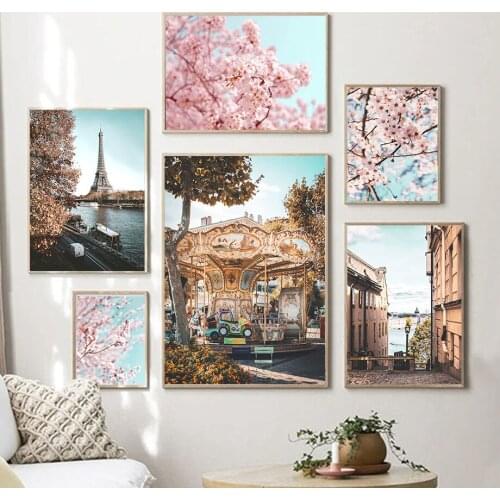 Cherry Blossoms Tower Boat Abstract lines Wall Art Canvas Painting Nordic Posters And Prints Wall Pictures For Living Room Decor