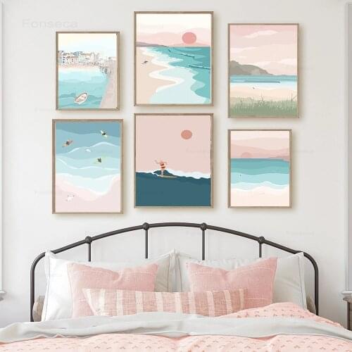 Cartoon Seascape Wall Art Poster Nordic Sunset Clound Wave Beach Landscape Canvas Paintings for Living Room Home Decoration
