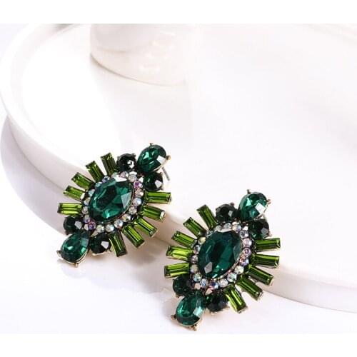 New Fashion Big Deep Green Crystal Statement Exaggerated Drop Earrings for Women Girls Bohemia Earrings