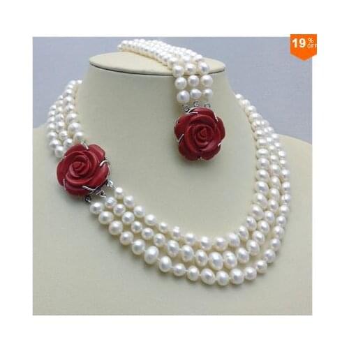 Wholesale Fine Nobility Lucky Jewelry Natural Freshwater Pearl Jewelry 3 Row Pearl Necklace And Bracelets Coral Necklace Wide
