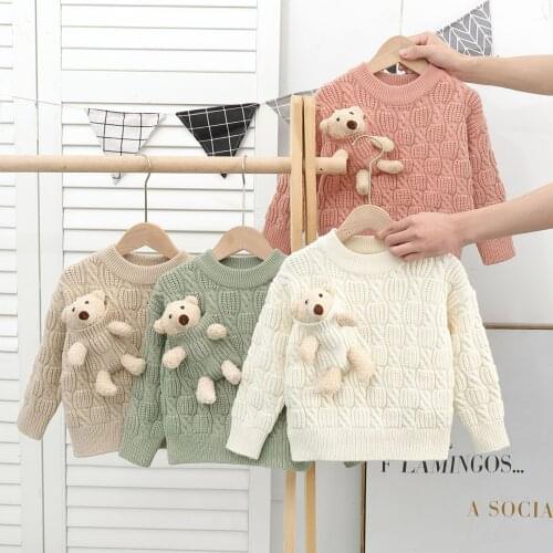 2021 Autumn and Winter New Childrens Sweaters Korean Childrens Pocket Bears O-neck Knitted Pullovers Tops Baby Cartoon Sweater