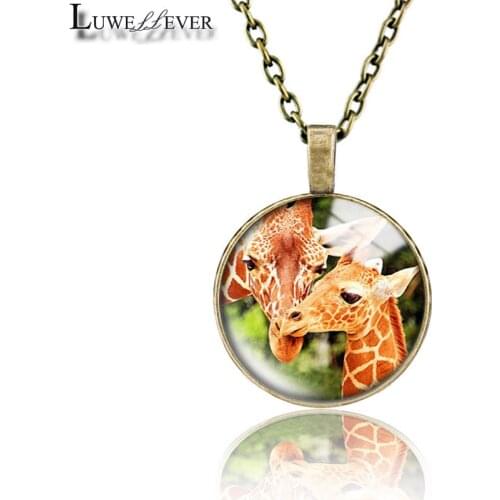 Giraffe Necklace 686 25mm Bronze 30mm Wood Rhinestone Double-sided Moon Round Glass Pendant For Women Gift
