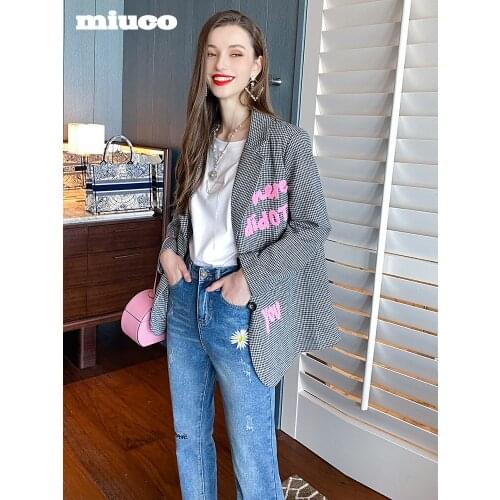 Retro casual Plaid Lapel towel line embroidered word loose suit top 2021 spring High Quality Top Quality