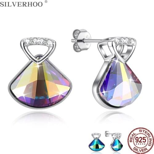 SILVERHOO 925 Sterling Silver Earrings Shining Geometric Austria Crystal Hanging Stud Earrings For Women Party Fashion Jewelry