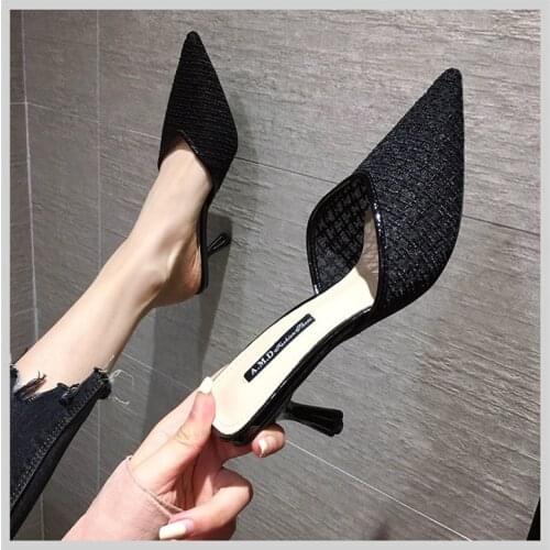 2020 Mesh Slippers Women New Summer Shoes Women Fashion Knitted Elastic Pointed Slides Spike Heels Beige Mules Shoes High Heels