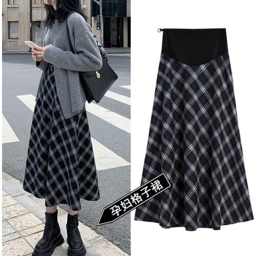 47# Vintage Black White Plaid Maternity Skirts A Line Big Bottoms Belly Skirt Clothes for Pregnant Women Autumn Winter Pregnancy