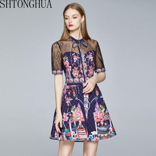 Runway Designer Perspective Lace Patchwork Dress Women Cute Short Sleeve Bow Dress Female Flower Print Elegant Party Mini Dress