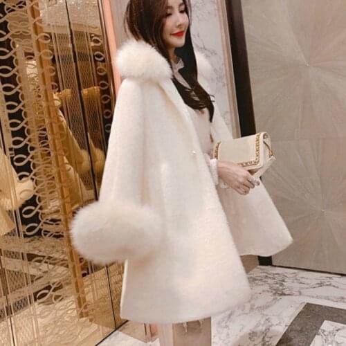 Mink Fur Coat Womens 2021 Elegant Imitation Autumn Winter Ladies Fur Collar Thick Woolen Coat Cardigan Mid-length Fur Trim Cape