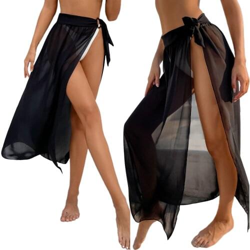 Women Sexy Chiffon Overskirt Summer Ladies Breathable Solid Color Holiday Vacation Beach Bikini Lace-up Cover Up Dress