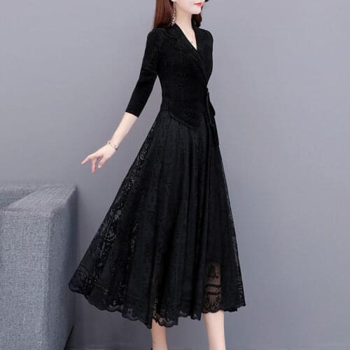 Woman Dresses 2021 Spring Womens Black Suit Collar Long Sleeve Lace Dress Vestido De Mujer Femme Robe